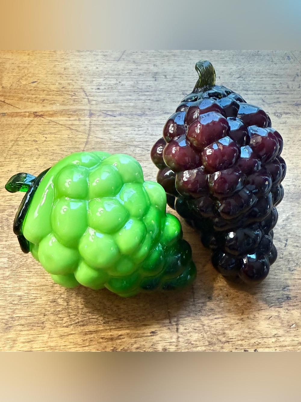 Vintage Art Glass Grape Cluster Pair – Lime Slag Green & Amethyst Purple